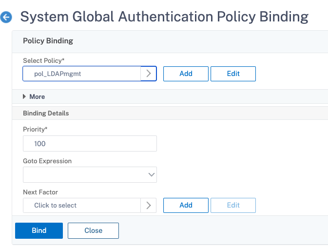 LDAP 認証ポリシーをグローバルにバインドする