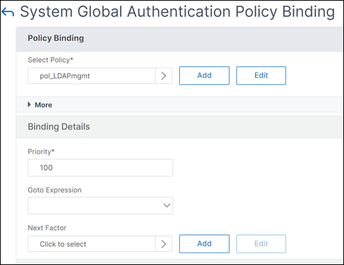 LDAP 認証ポリシーをグローバルにバインドする