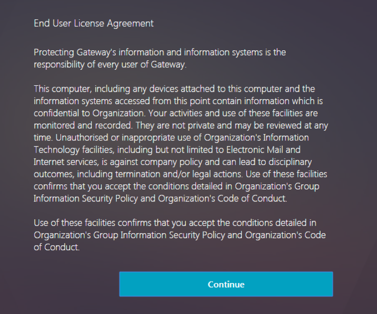 EULA は仮想サーバーの要素として構成されています