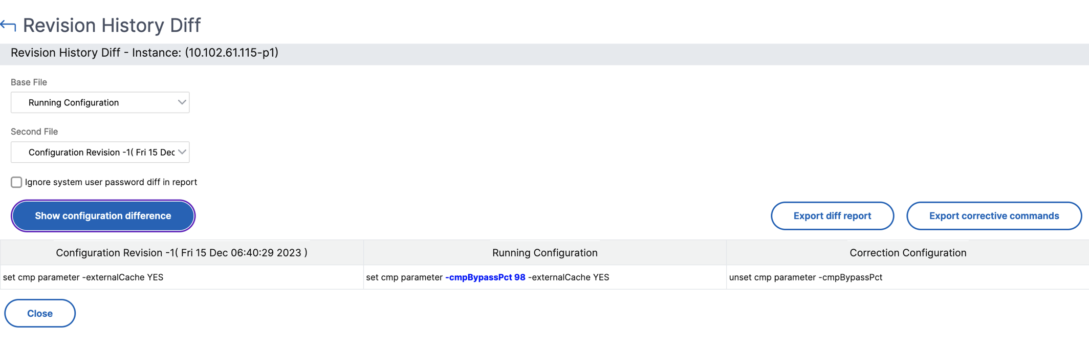 Configuration difference report