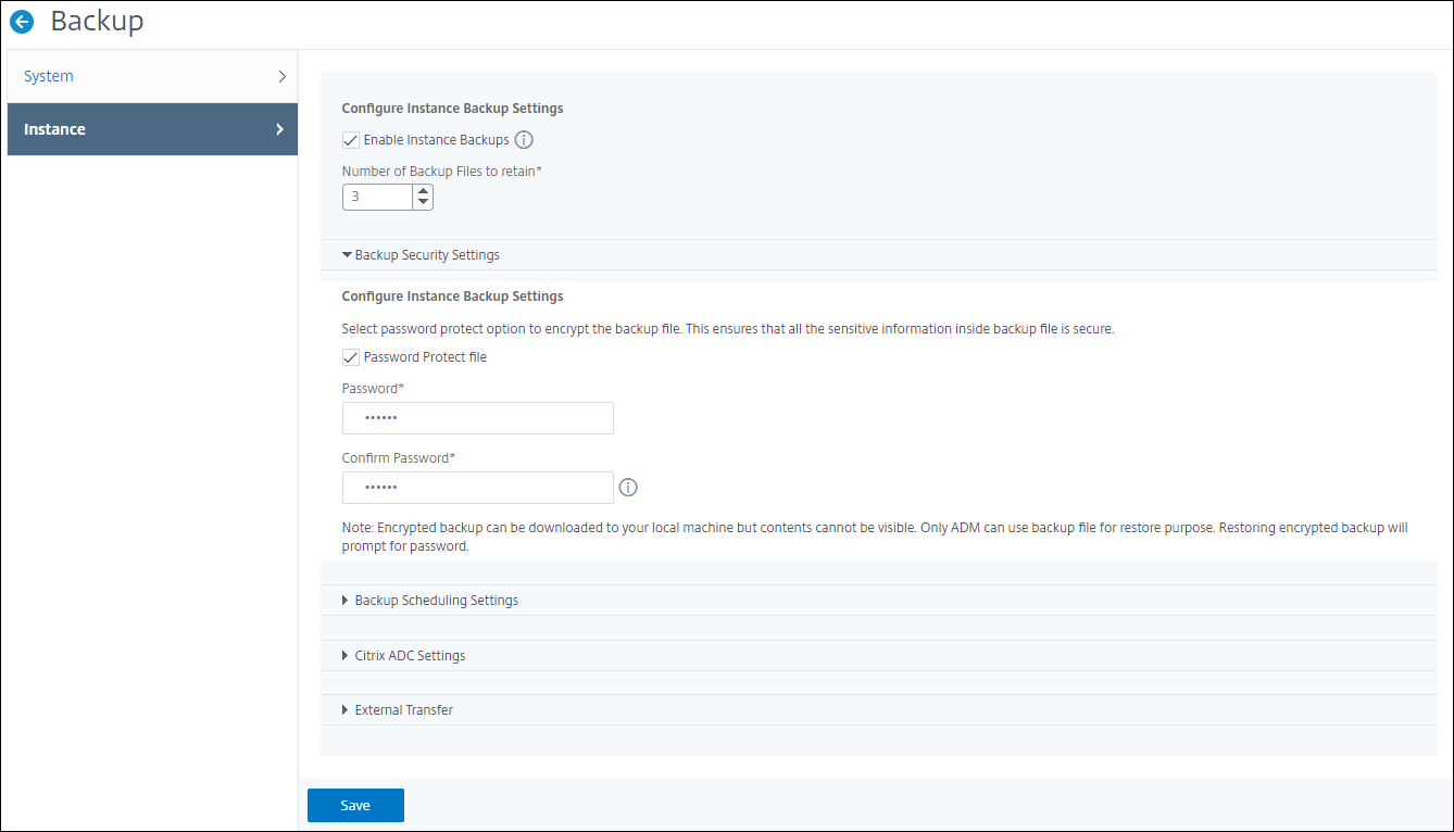 Specify instance backup