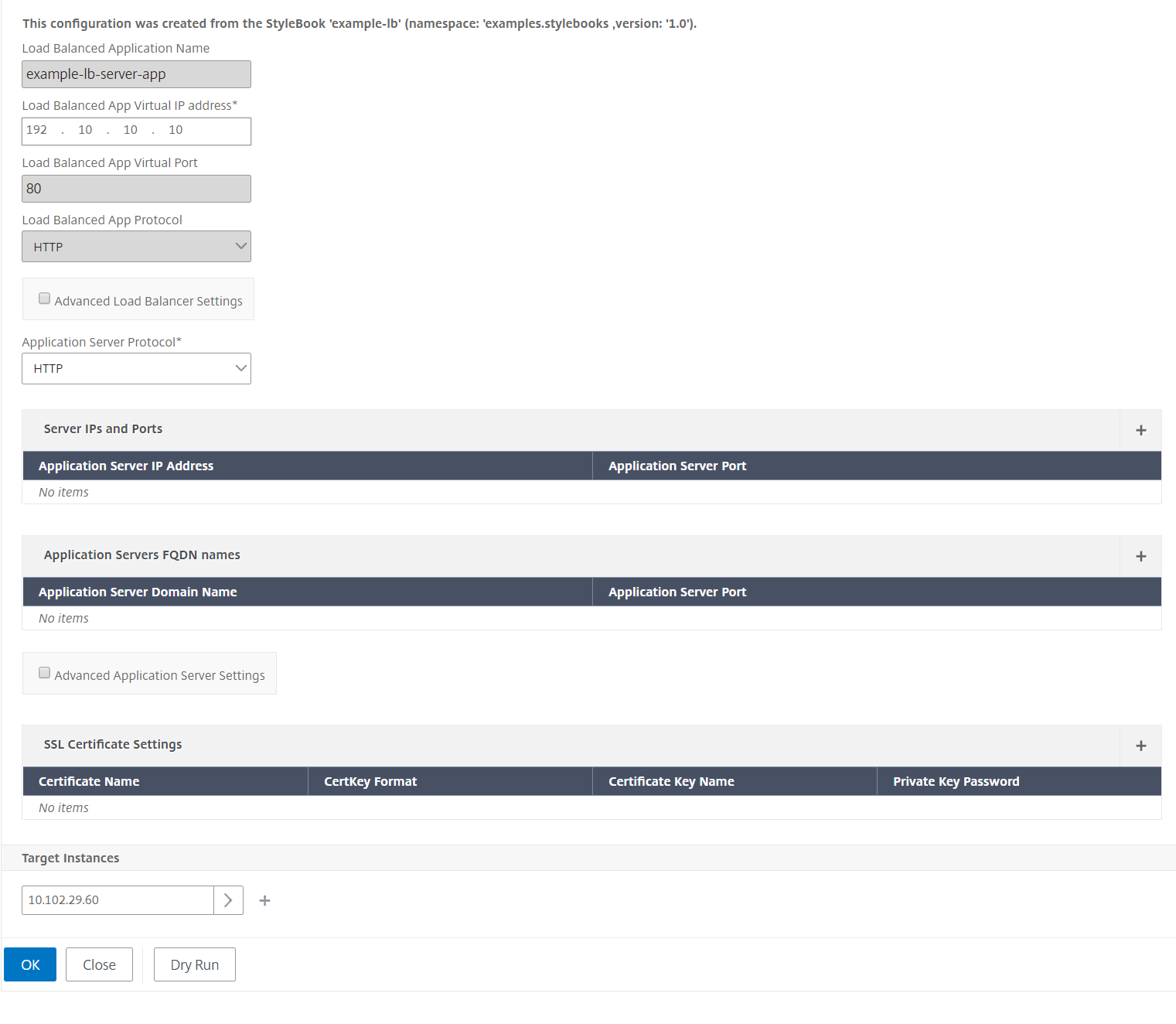 Example load balancing configuration pack