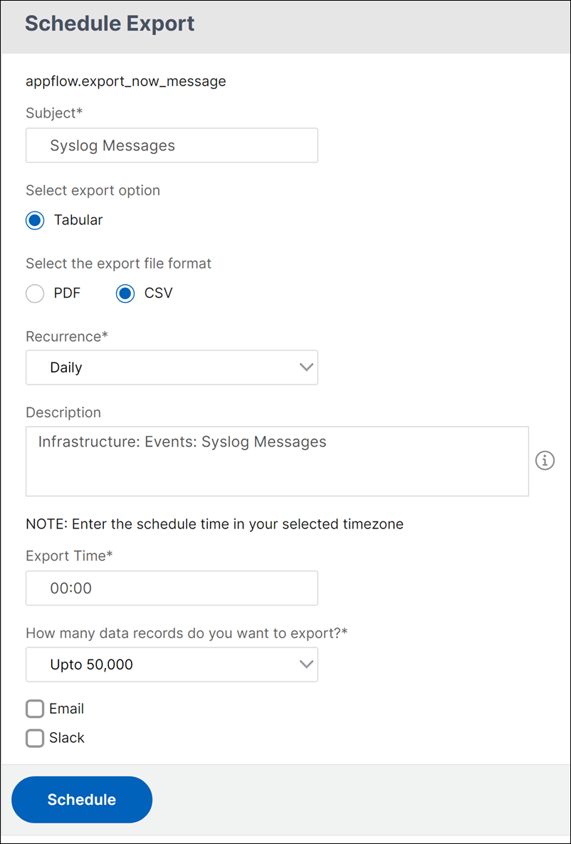 syslogエクスポートのスケジュール