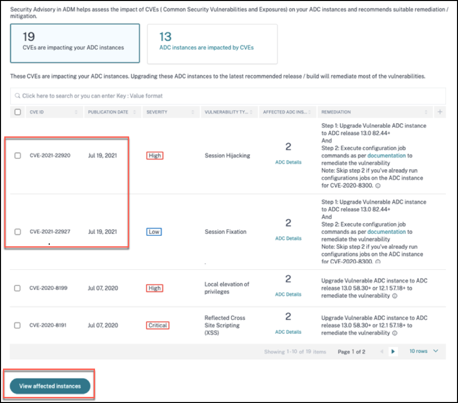 Security advisory dashboard for CVE-2021-22927 and CVE-2021-22920