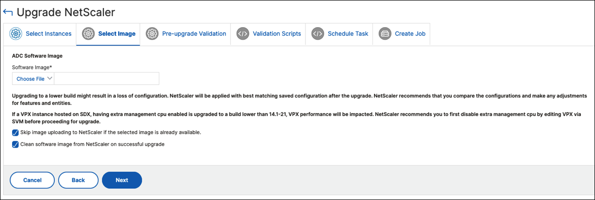 Select images to upgrade maintenance job