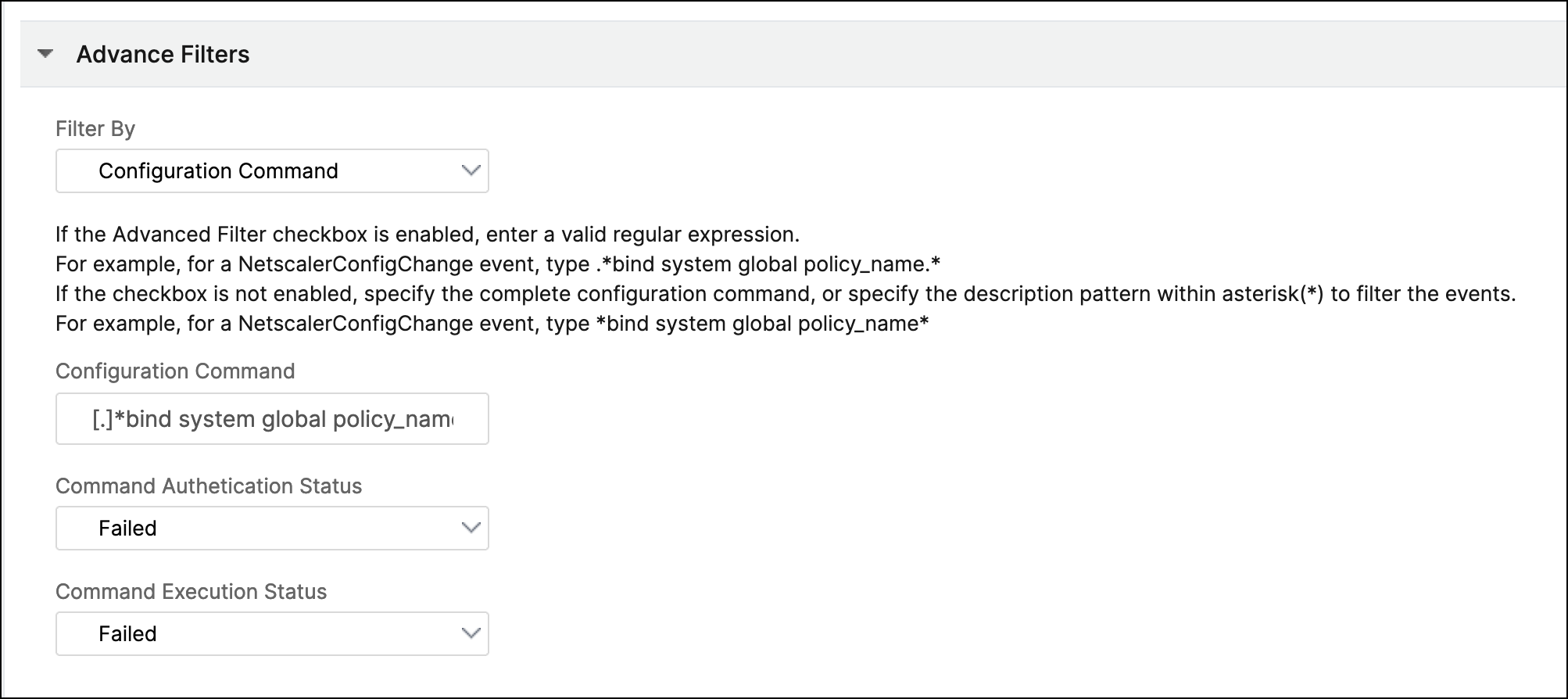 Advance configuration commands filter