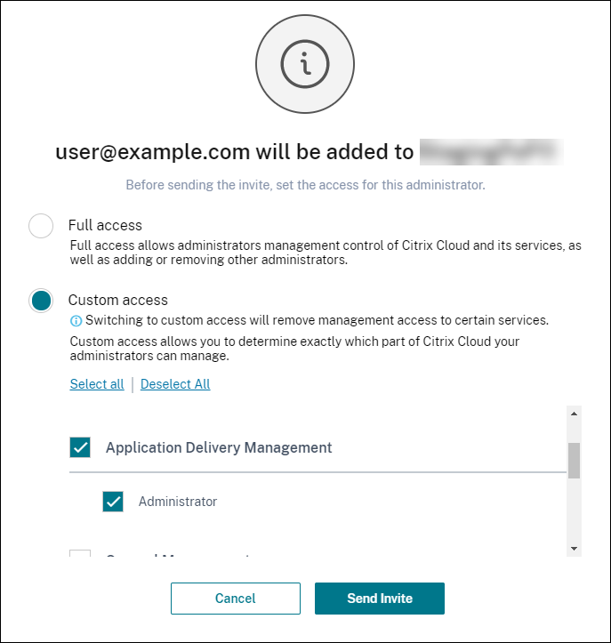 カスタムアクセス権を持つユーザーをNetScaler Consoleに招待