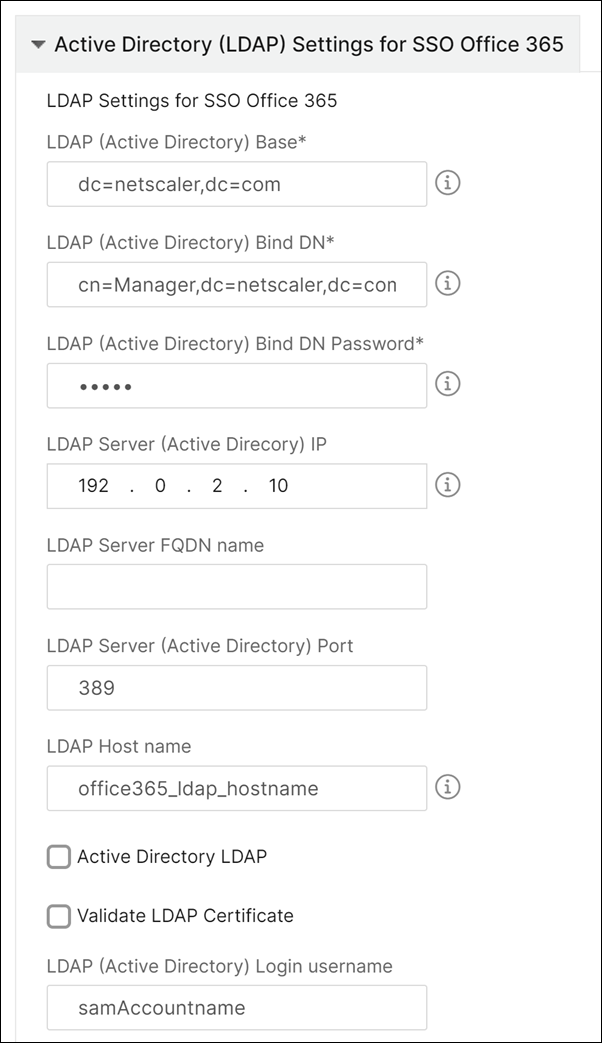 SSO Office 365 のアクティブディレクトリ (LDAP) 設定