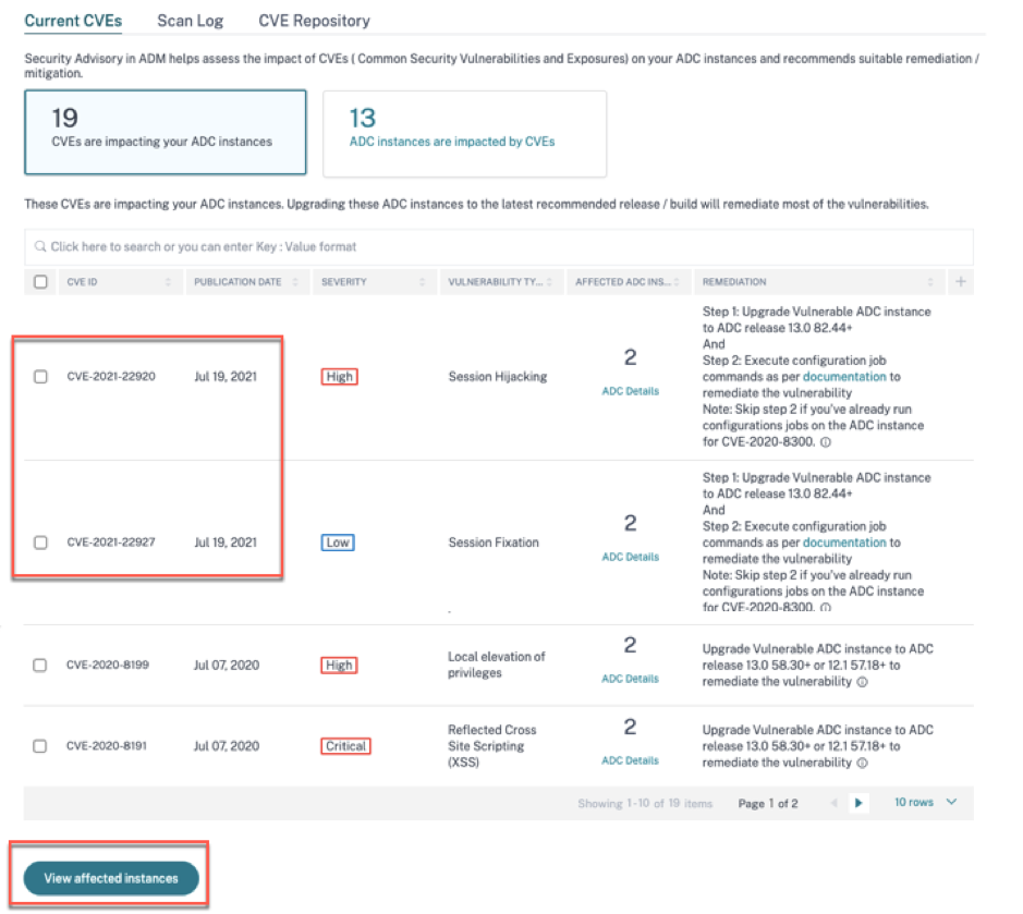 Security advisory dashboard for CVE-2021-22927 and CVE-2021-22920