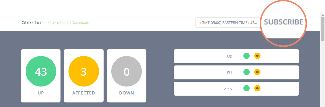 Service Health Dashboard with Subscribe link highlighted