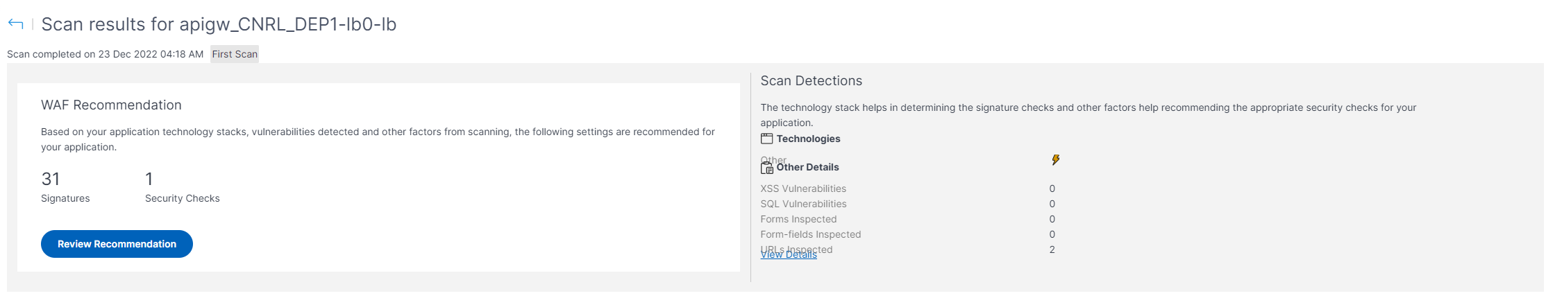 WAF scan recommendation