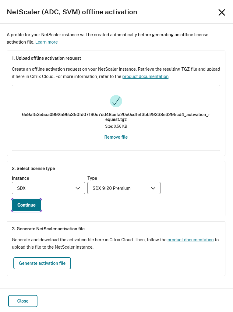 NetScalerオフラインアクティベーション要求ファイルをダウンロード
